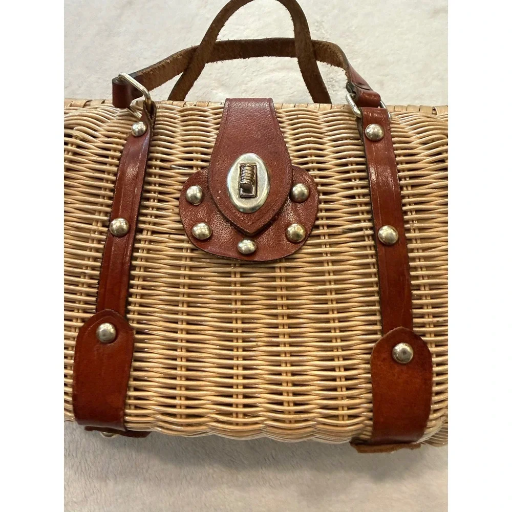 Vintage 1950s British Wicker Basket Handbag Brown Leather Trim Mid-Century Woven